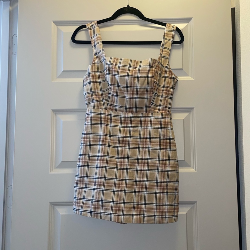 Viral Plaid Mini Romper - Built in Shorts Brown and Tan size Medium